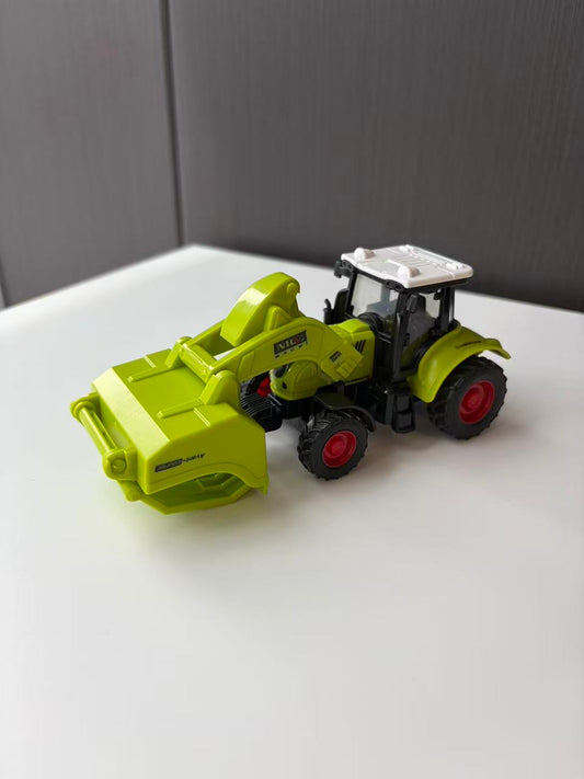Green Compact Loader Backhoe Model with Front Bucket and Rear Arm